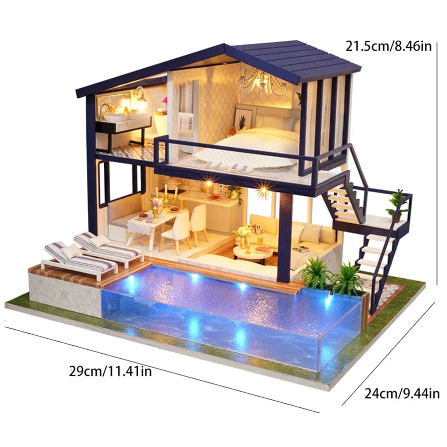 Pièces d'Exceptions Blue Apartment Villa Doll House Mini DIY Kit for Making Room Toys, Home Bedroom Decoration with Furniture, Wooden Crafts 3D Puzz
