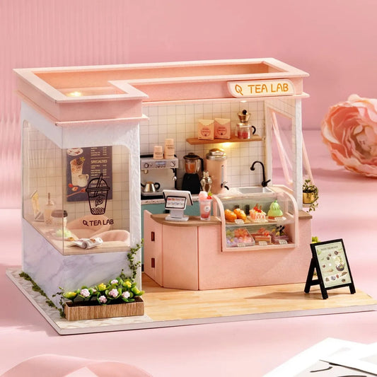 Pièces d'Exceptions Milk Tea Shop Baby House Mini DIY Kit for Making Room Toys, Home Bedroom Decorations with Furniture, Wooden Crafts 3D Puzzle Gir