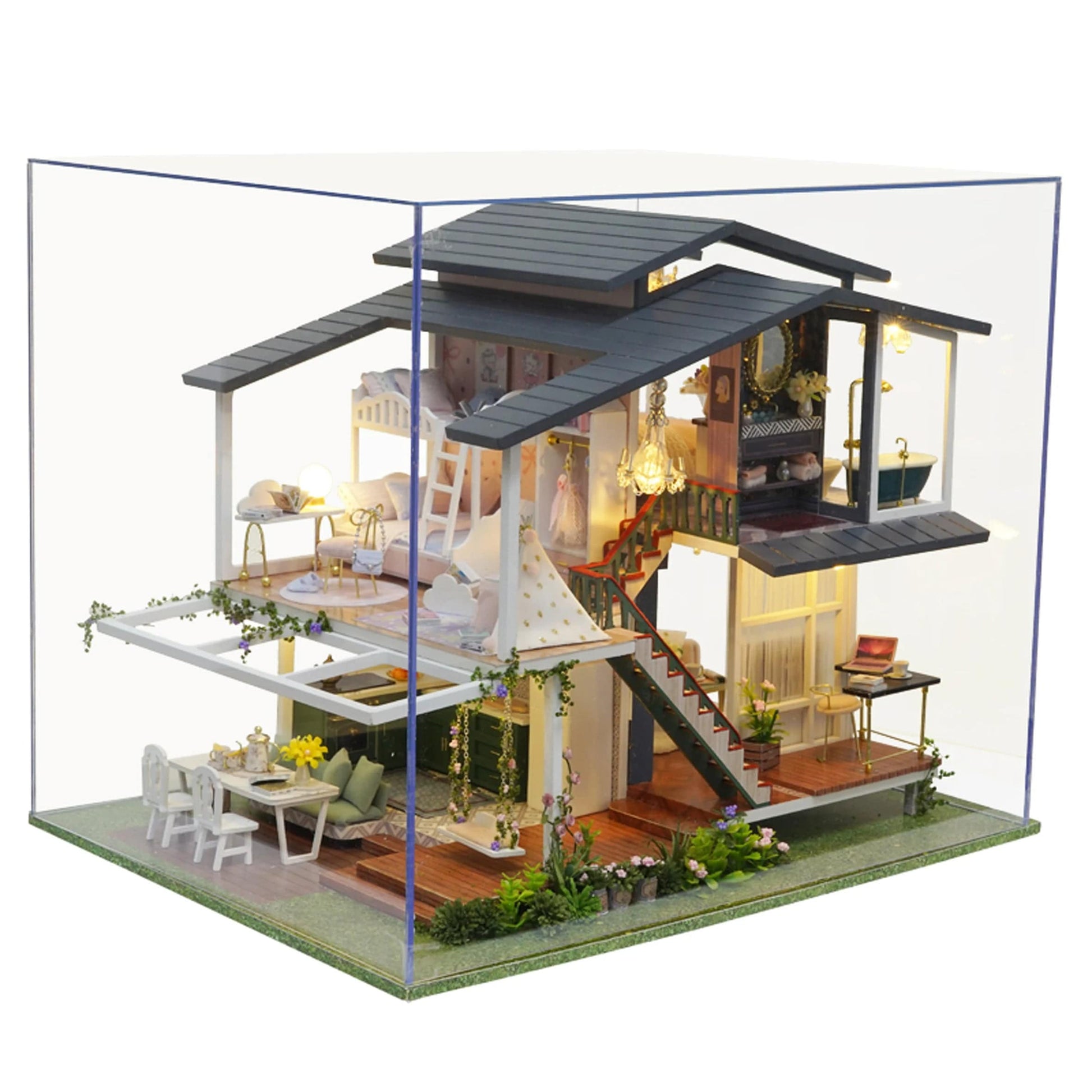 Pièces d'Exceptions Garden Villa Doll House Mini DIY Kit for Making Room Toys, Home Bedroom Decoration with Furniture, Wooden Crafts 3D Puzzle Girl
