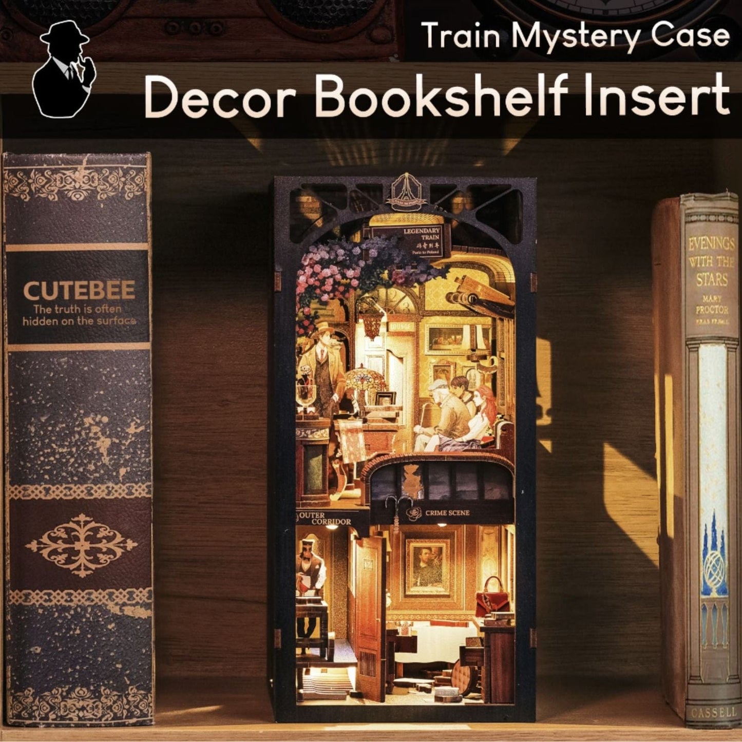Pièces d'Exceptions CUTEBEE Wooden Book Nook Shelf Insert Kit Miniature Building Kits Magic Night Alley Bookshelf with Dust Cover Bookends Gifts