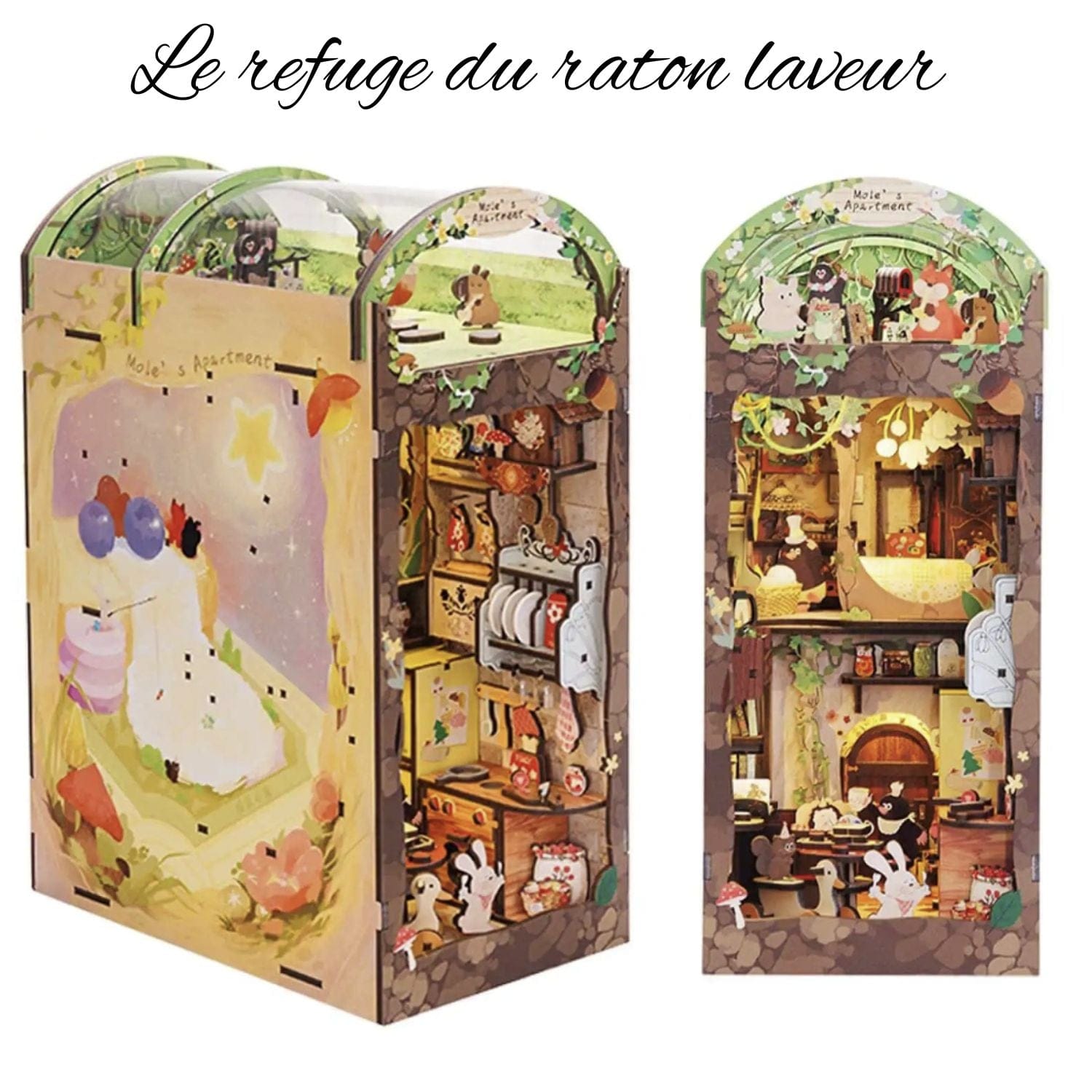 Pièces d'Exceptions CUTEBEE Wooden Book Nook Shelf Insert Kit Miniature Building Kits Magic Night Alley Bookshelf with Dust Cover Bookends Gifts