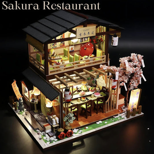 Pièces d'Exceptions Sushi Shop Doll House Mini DIY Kit Production Assembly Room Model Toys, Home Bedroom Decoration with Furniture, Wooden Crafts 3D