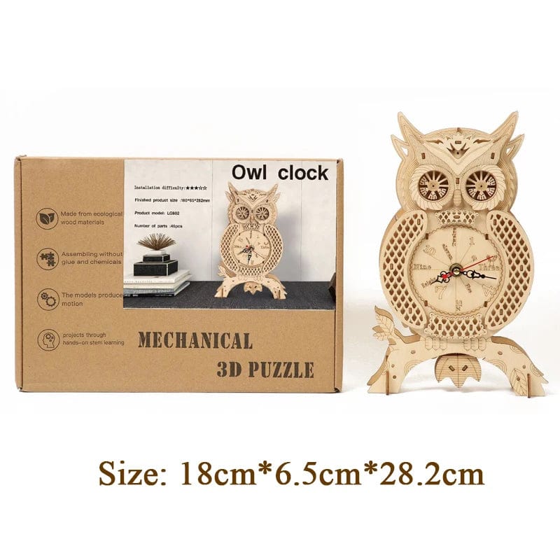 Pièces d'Exceptions Owl Clock 3D Wooden Puzzle Mechanical Gear Retro Wall Clocks Model Building Kits Home Decoration Kids Adults Birthday Gifts